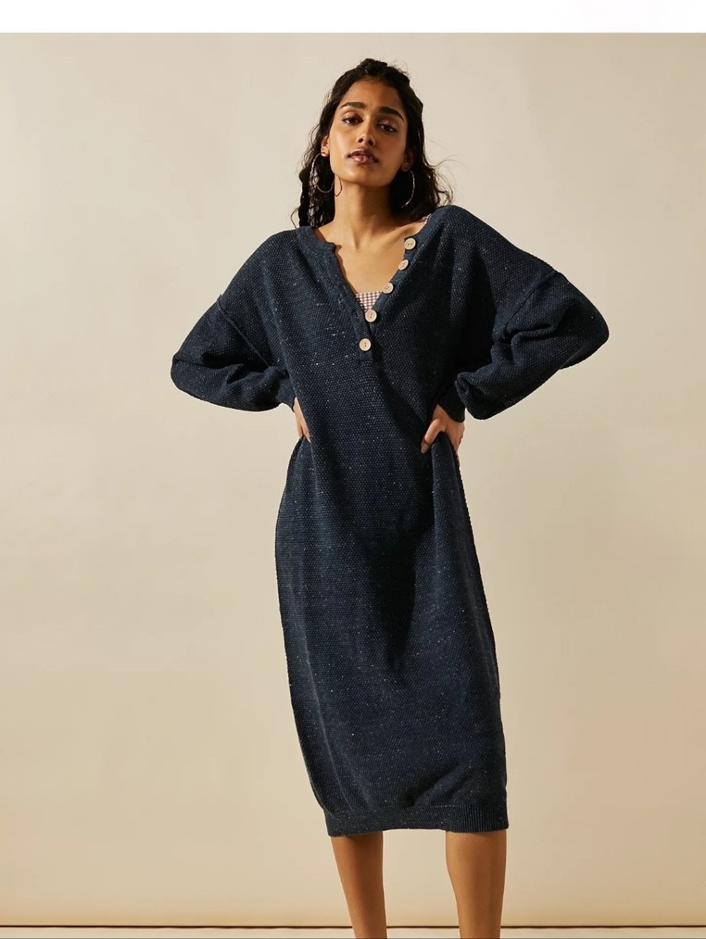 Free People Hailee Midi Sweater Dress  Navy Heather S FP Beach - Picture 2 of 10